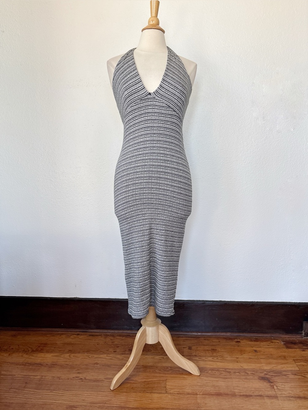 Black & White Striped V-Neck Fitted Halter Midi Dress